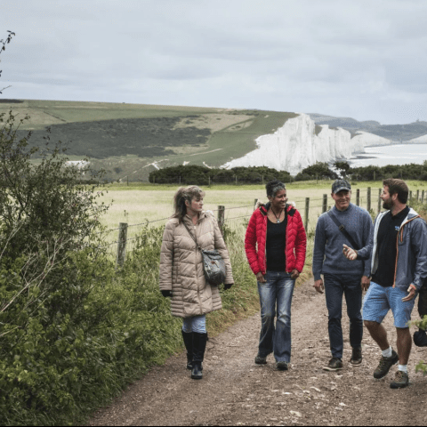 a group of people standing in front of a tree