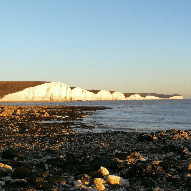 a rocky beach next to a body of water